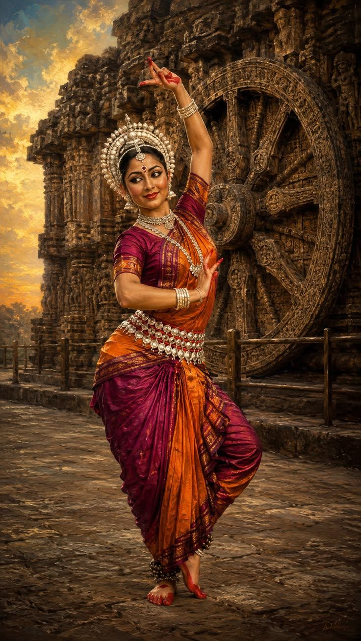 736x1307 Majestic Odissi Classical Dancer Art. Konark Sun Temple Wallpaper