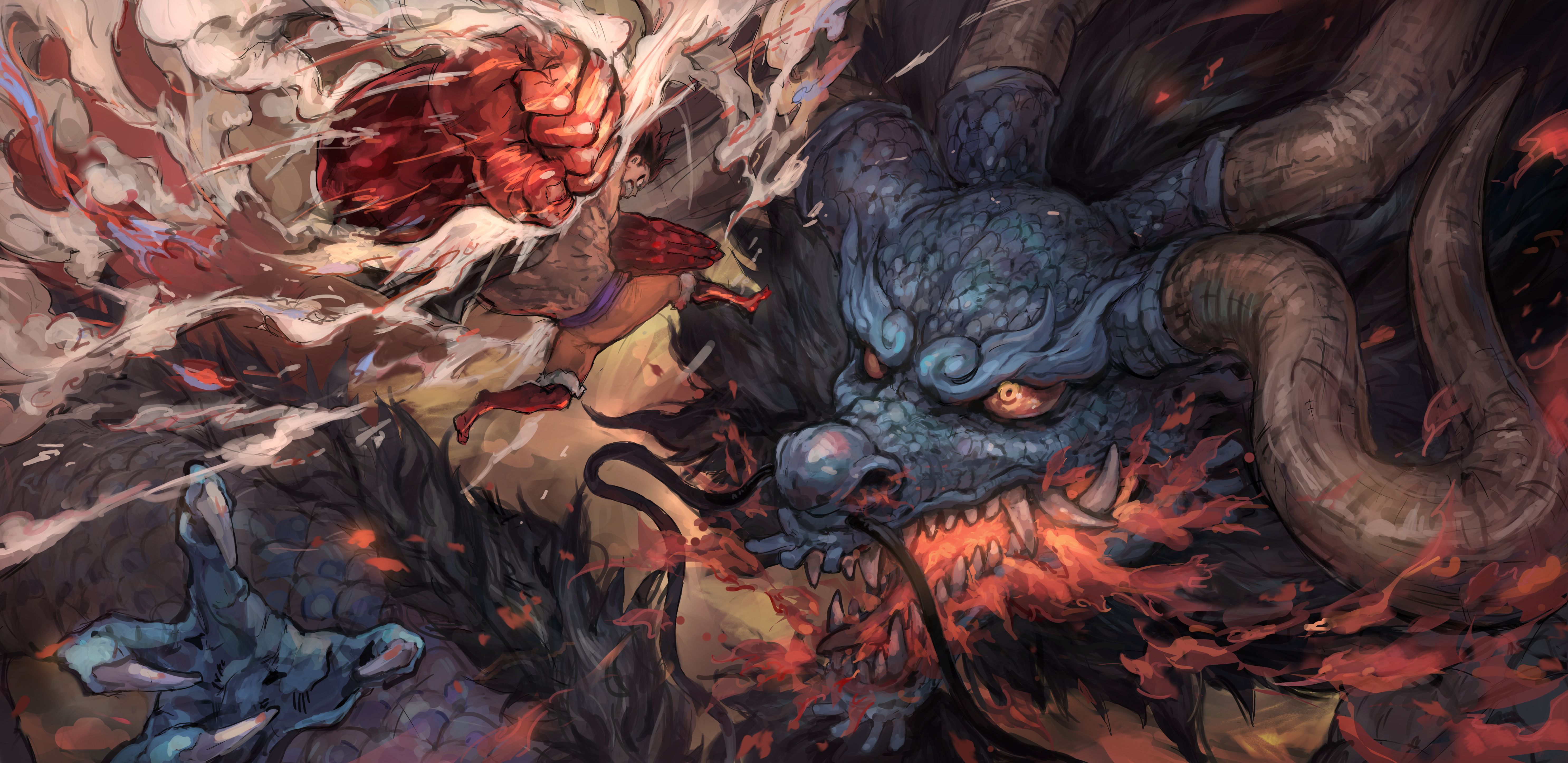5944x2894 Luffy Gear Fourth vs Kaido One Piece 4K Ultra HD Battle Wallpaper by モンテ凧x2894