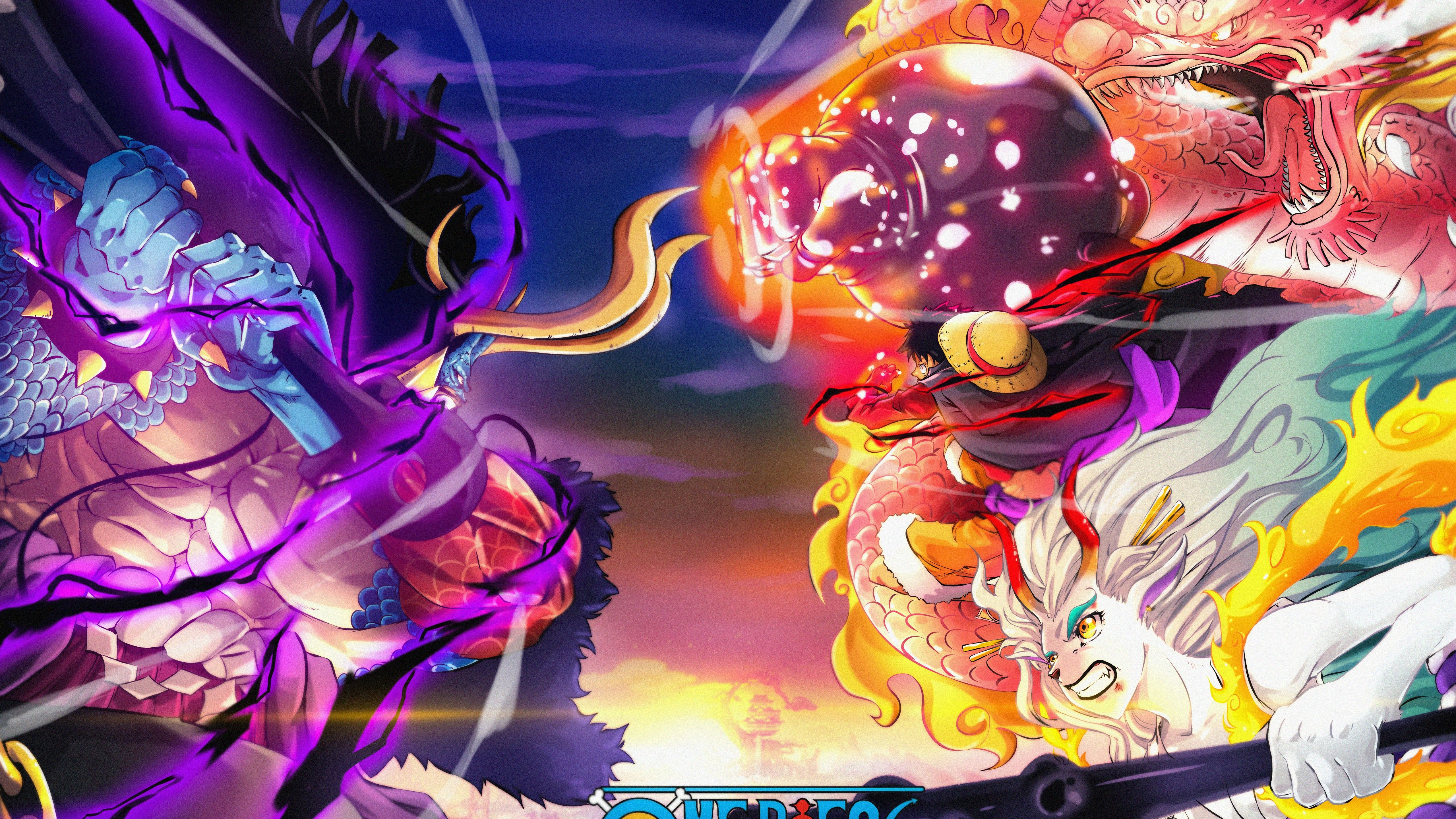 5120x2880 Kaido Kozuki Momonosuke Monkey D. Luffy Yamato 4K 5K HD One Piece Wallpaper