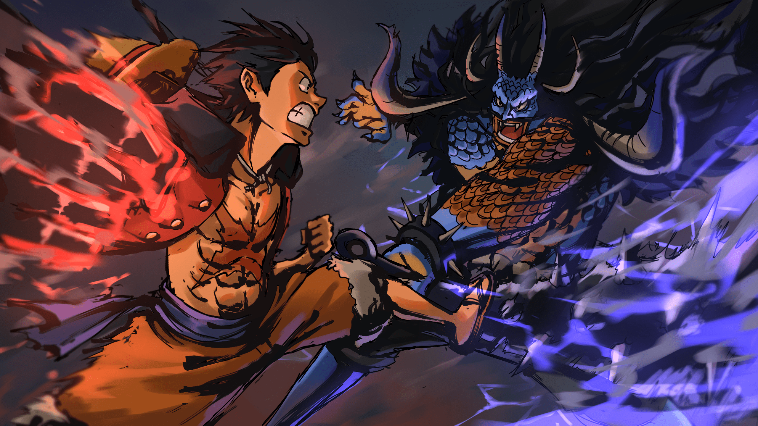 2560x1440 Clash of Conquerors, Luffy vs Kaido Fanart by me!