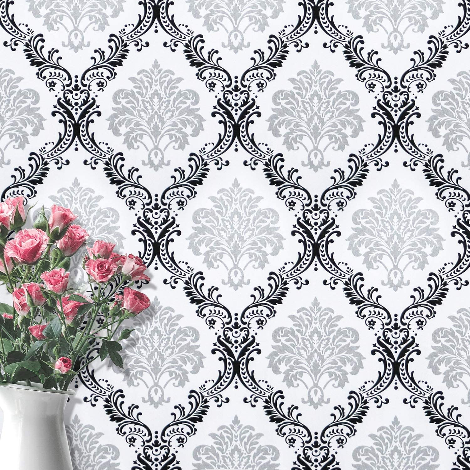 1500x1500 White Black Peel and Stick Wallpaper Removable Contact Paper Decorative Damascus Wall Paper Flower Wallpaper Wall Covering Embossed Self Adhesive Wallpaper Shelf Drawer Liner Vinyl Roll17.7''x78.7''