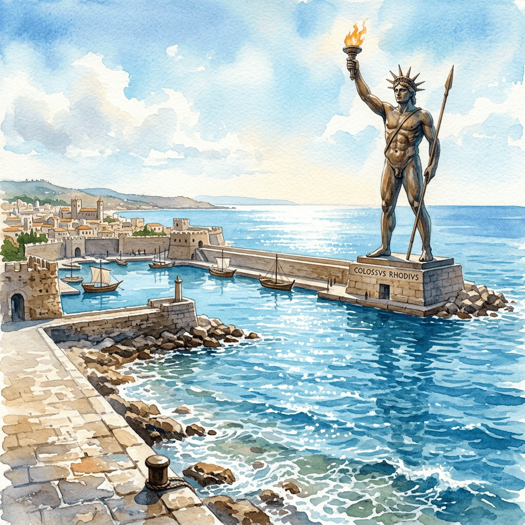 1024x1024 Majestic Colossus Of Rhodes In Watercolor Style. AI Art Generator. Easy Peasy.AI