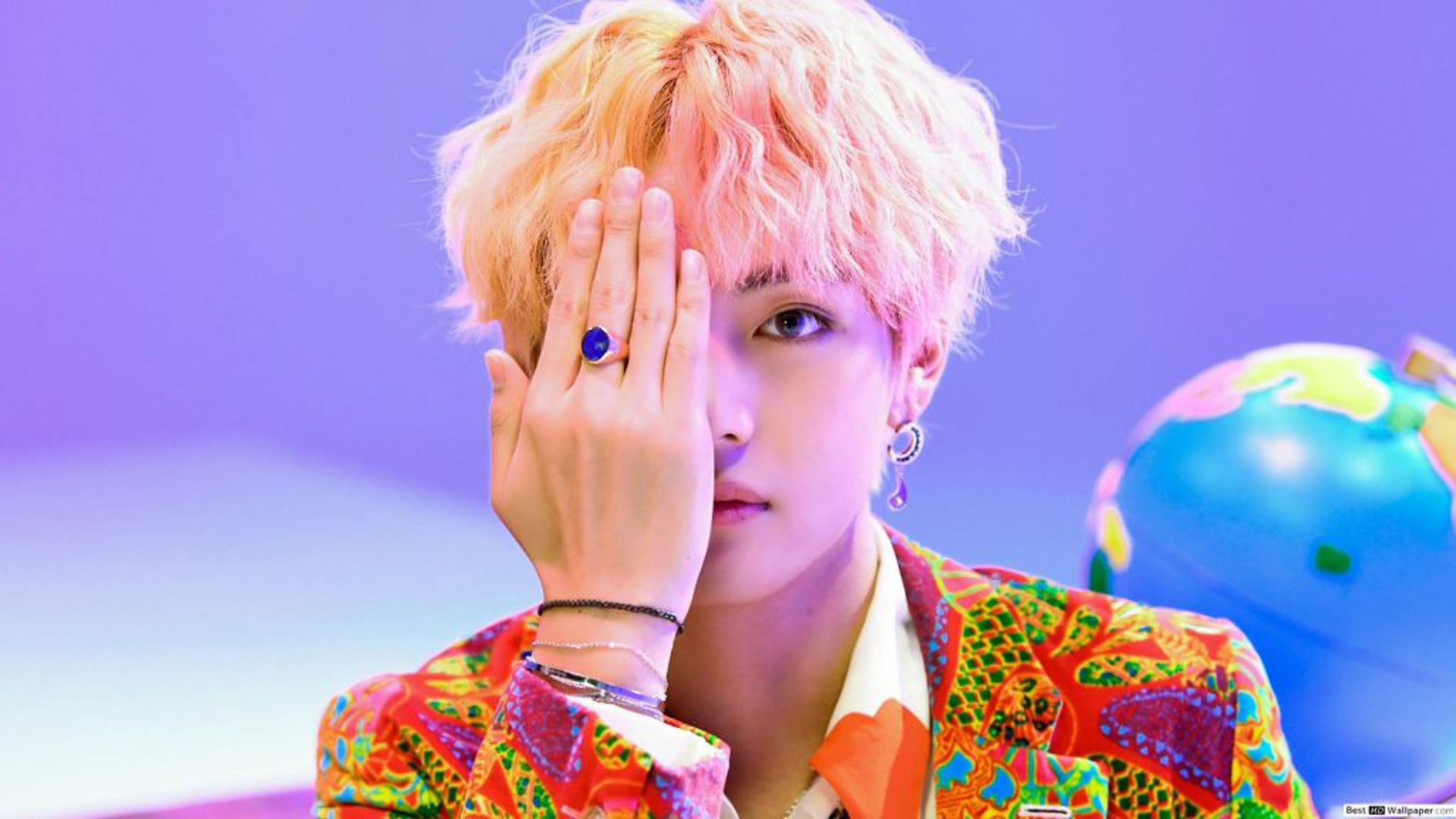 1920x1080 BTS V Is Wearing Colorful Dress Standing In Light Purple Background HD V Wallpaper