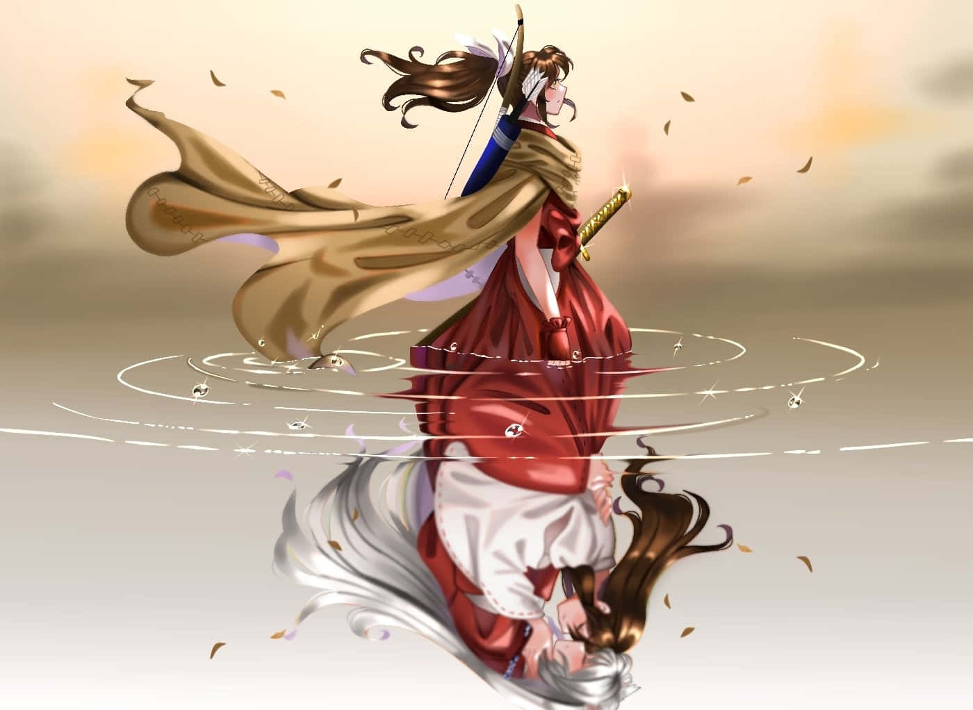 1400x1022 Download The three main characters of Yashahime: Moroha, Towa, and Setsuna in a dramatic pose Wallpaper