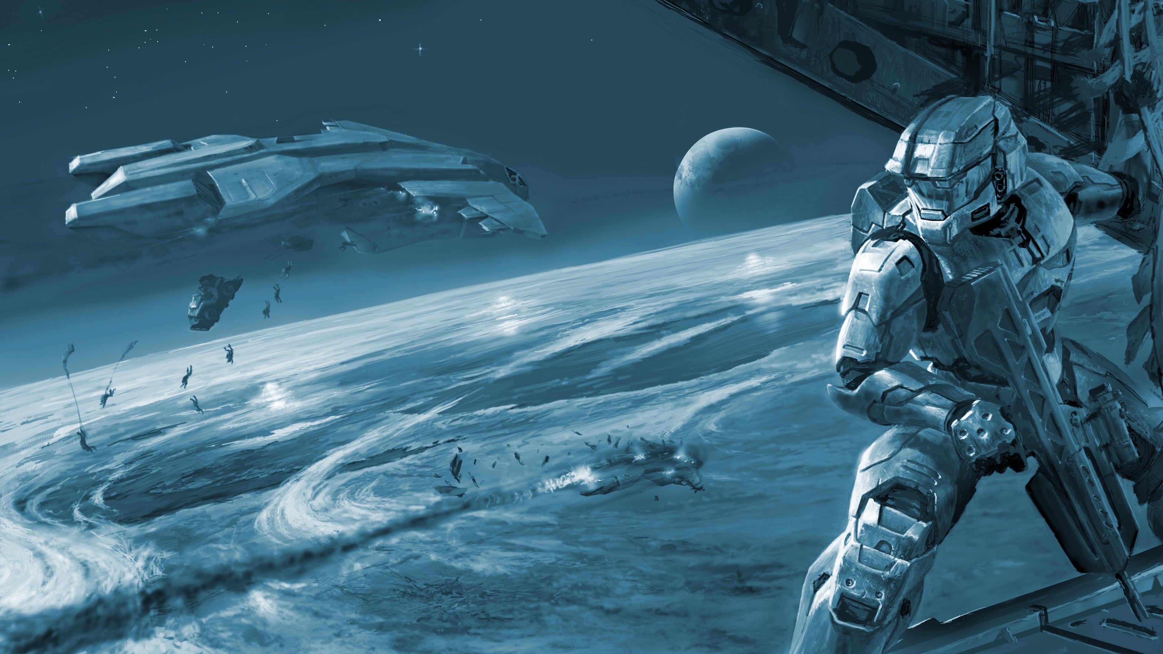 3840x2160 Halo 2 Concept Art of Master Chief riding in a Pelican with the door wide open Halo 3 Menu Style