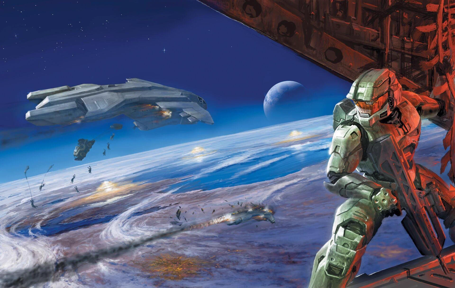 1920x1214 MA5K CEO on X: Halo 2 concept art by Eddie Smith I love the Warthog being airdropped out of the Pelican with the Marines in the background. / X