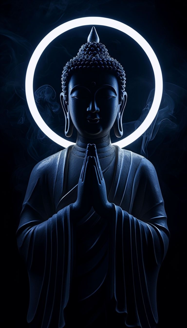768x1344 Mystical Buddha Statue With Halo In Dramatic Low Key Photography Mobile Wallpaper