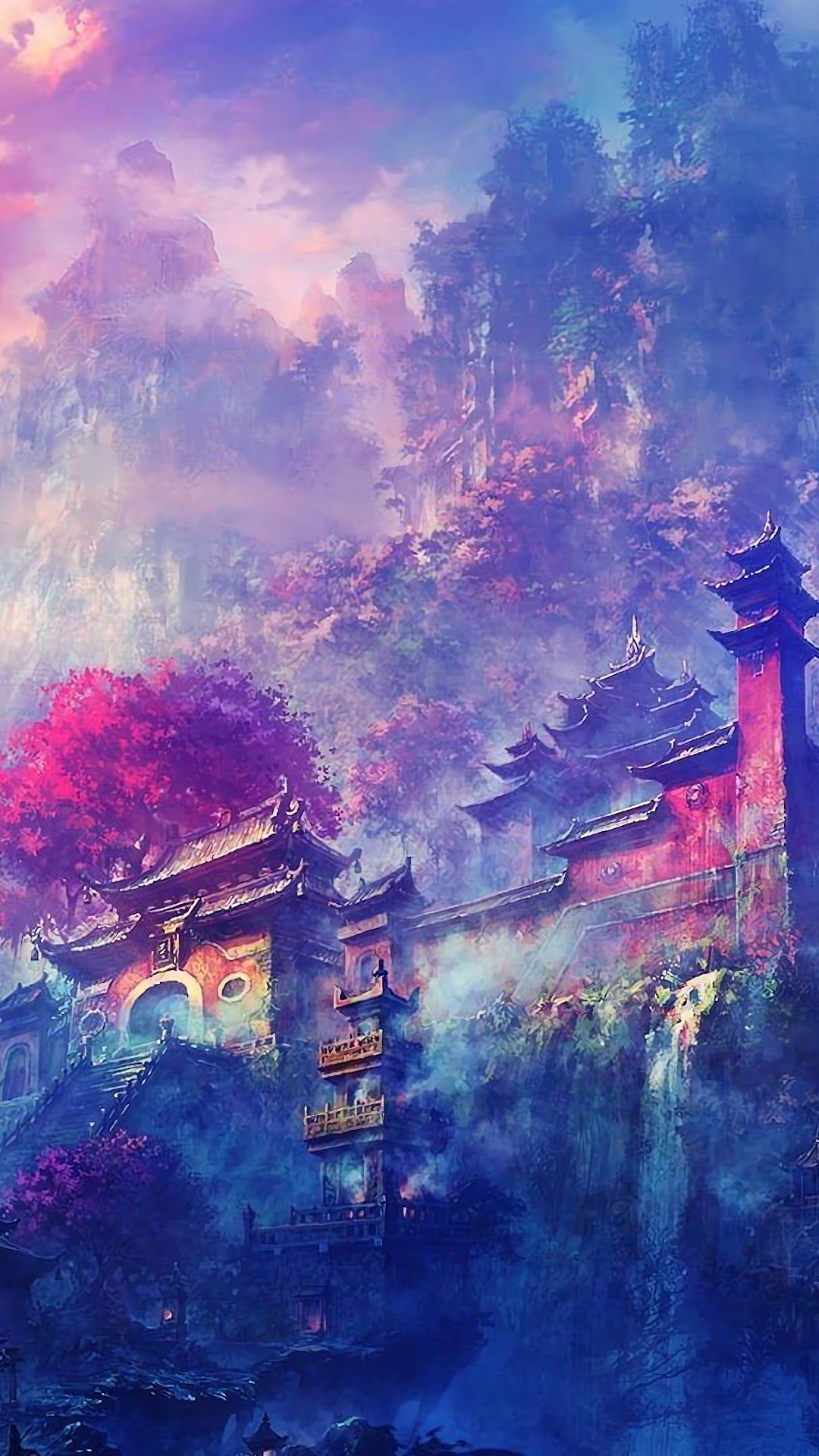 1080x1920 Buddha Oriental Castle Scenery Anime 4K Wallpaper HD