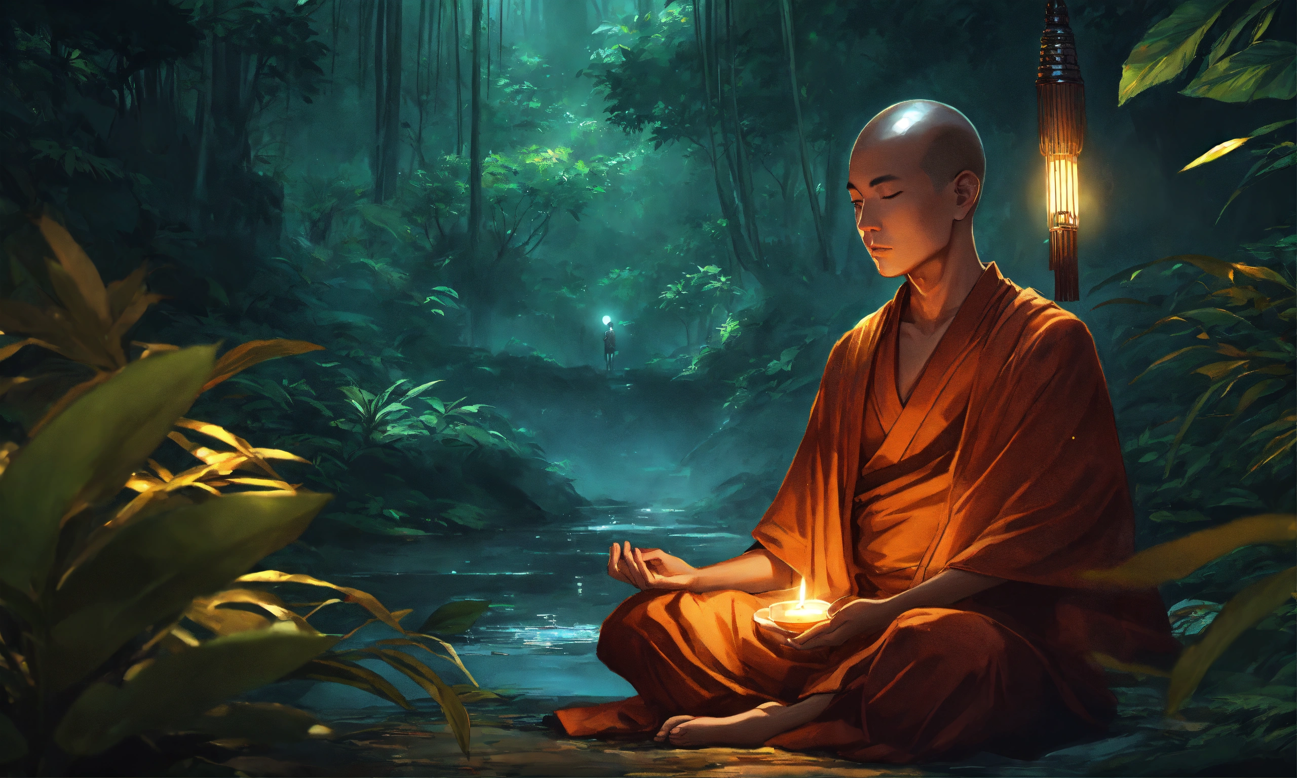 2560x1536 Lexica Monk Meditating In A Jungle During The Night, Stunning Anime Art By Artgerm, 8k, Award Winner