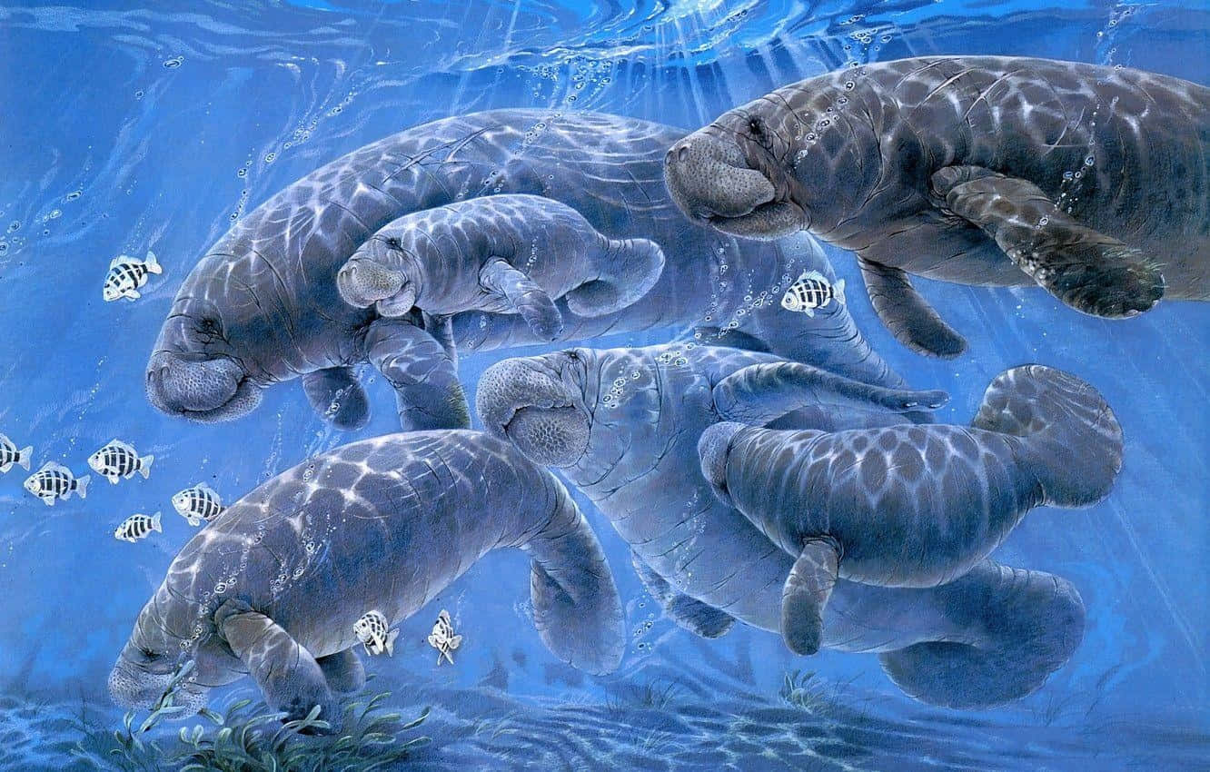 1332x850 Download Gentle_ Manatees_ Underwater Wallpaper