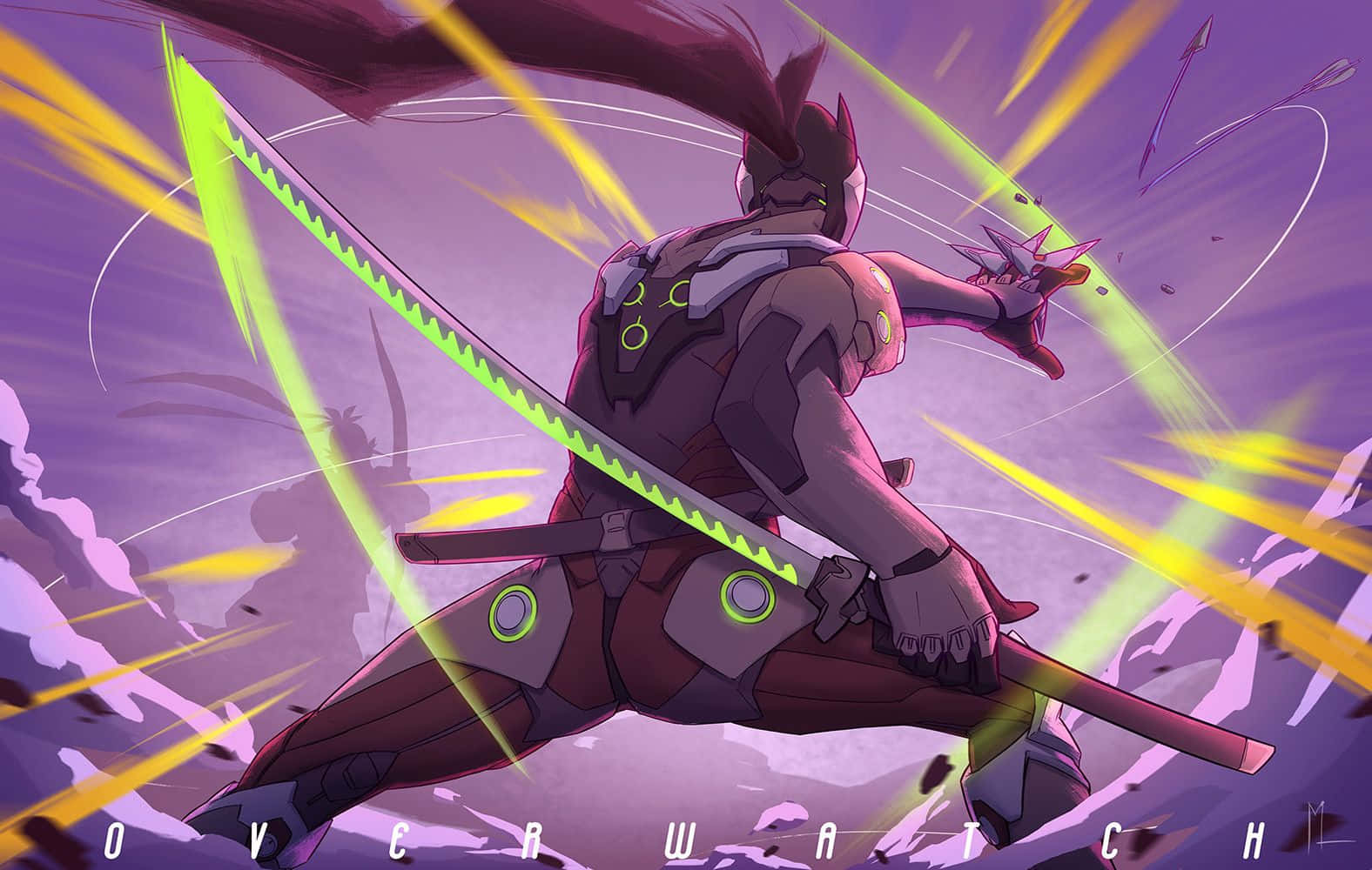 1576x1000 Download Intense Overwatch Battle with Genji Wallpaper