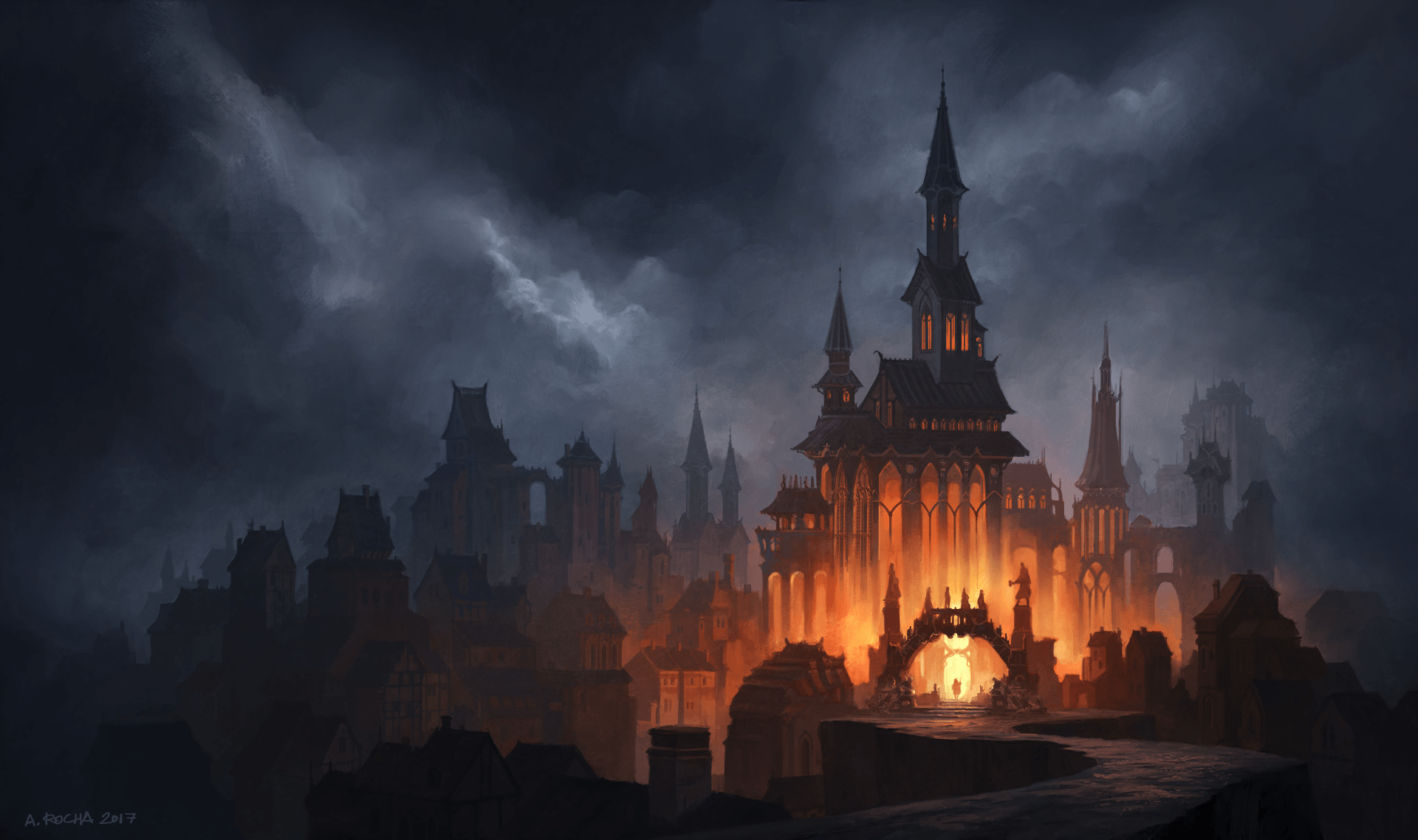 1920x1138 Gothic Fire Castle Fantasy HD Wallpaper