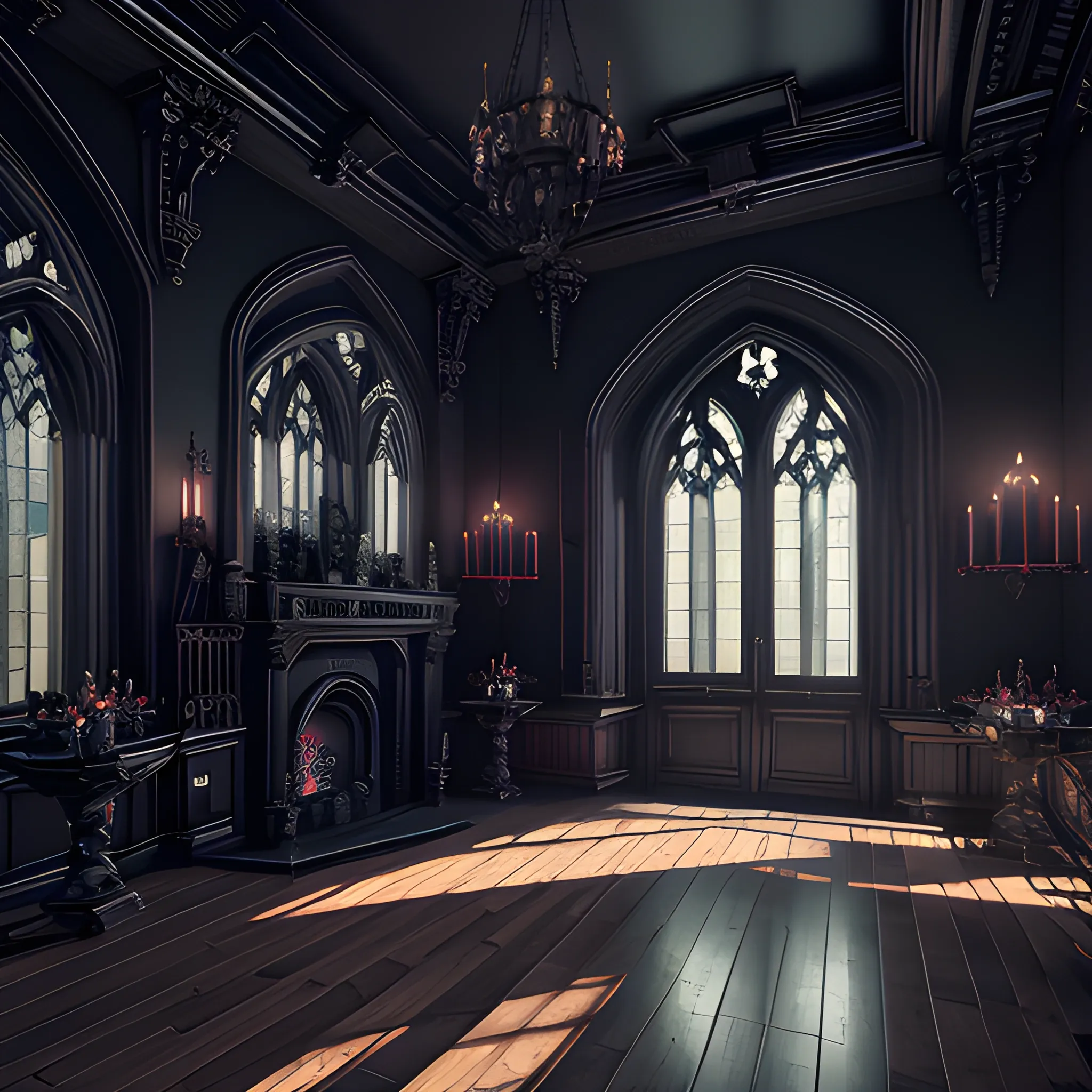 2048x2048 interior of gothic mansion set in a dark and moody gothic utopia. Highly detailed, 8k wallpaper, HD