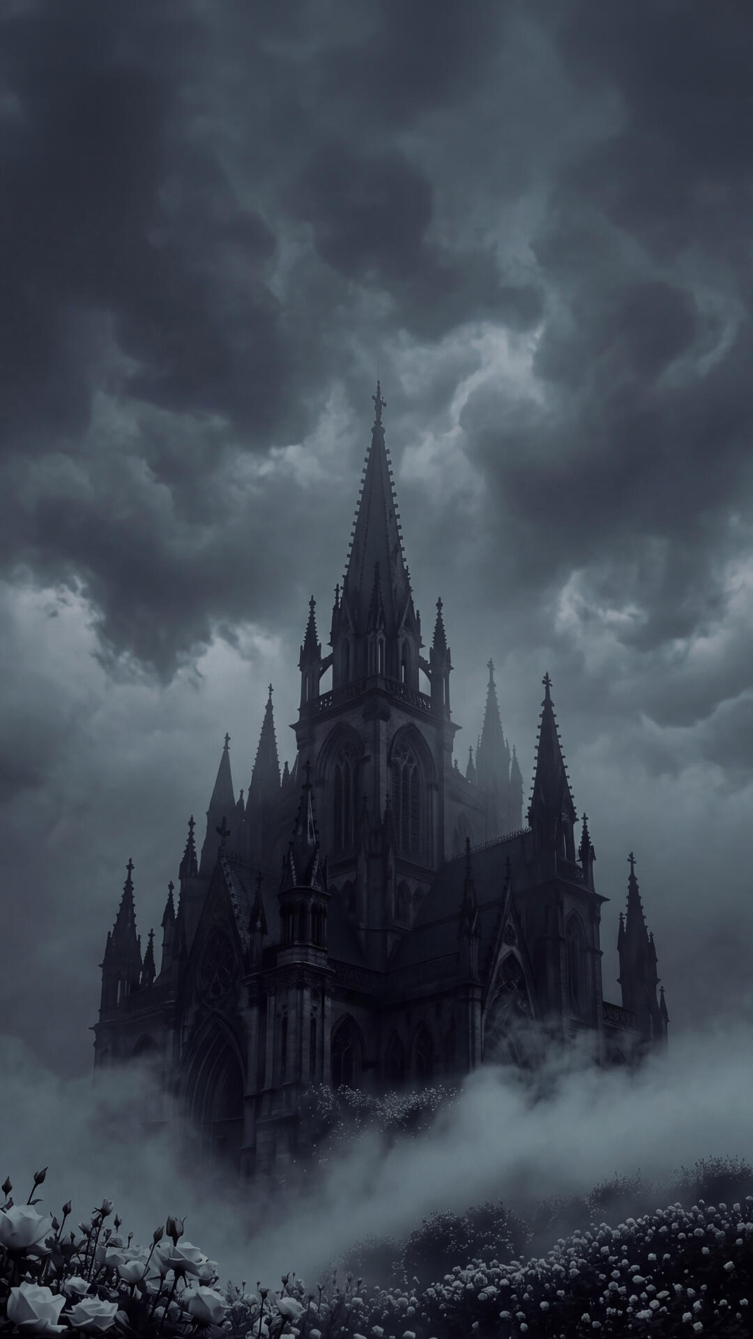 1080x1920 Dark Gothic Castle with Misty Blooms Wallpaper