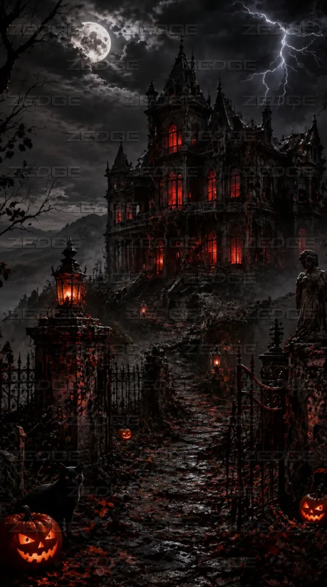 673x1206 spooky gothic mansion on a dark, stormy night wallpaper