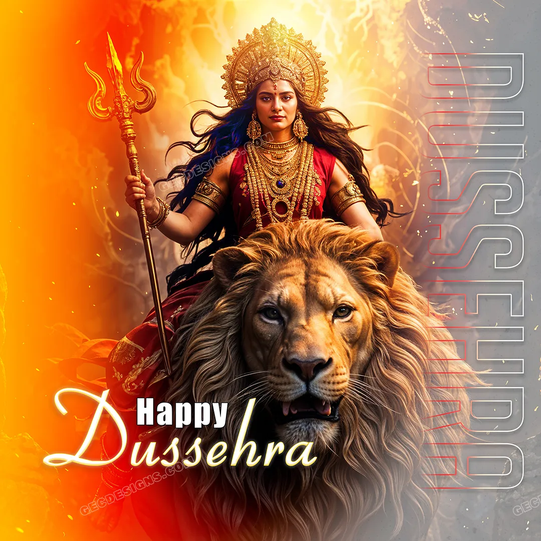 1080x1080 Happy Dussehra, Durga Puja wishes with Maa Durga with a Lion image: Free & Premium Creative Assets