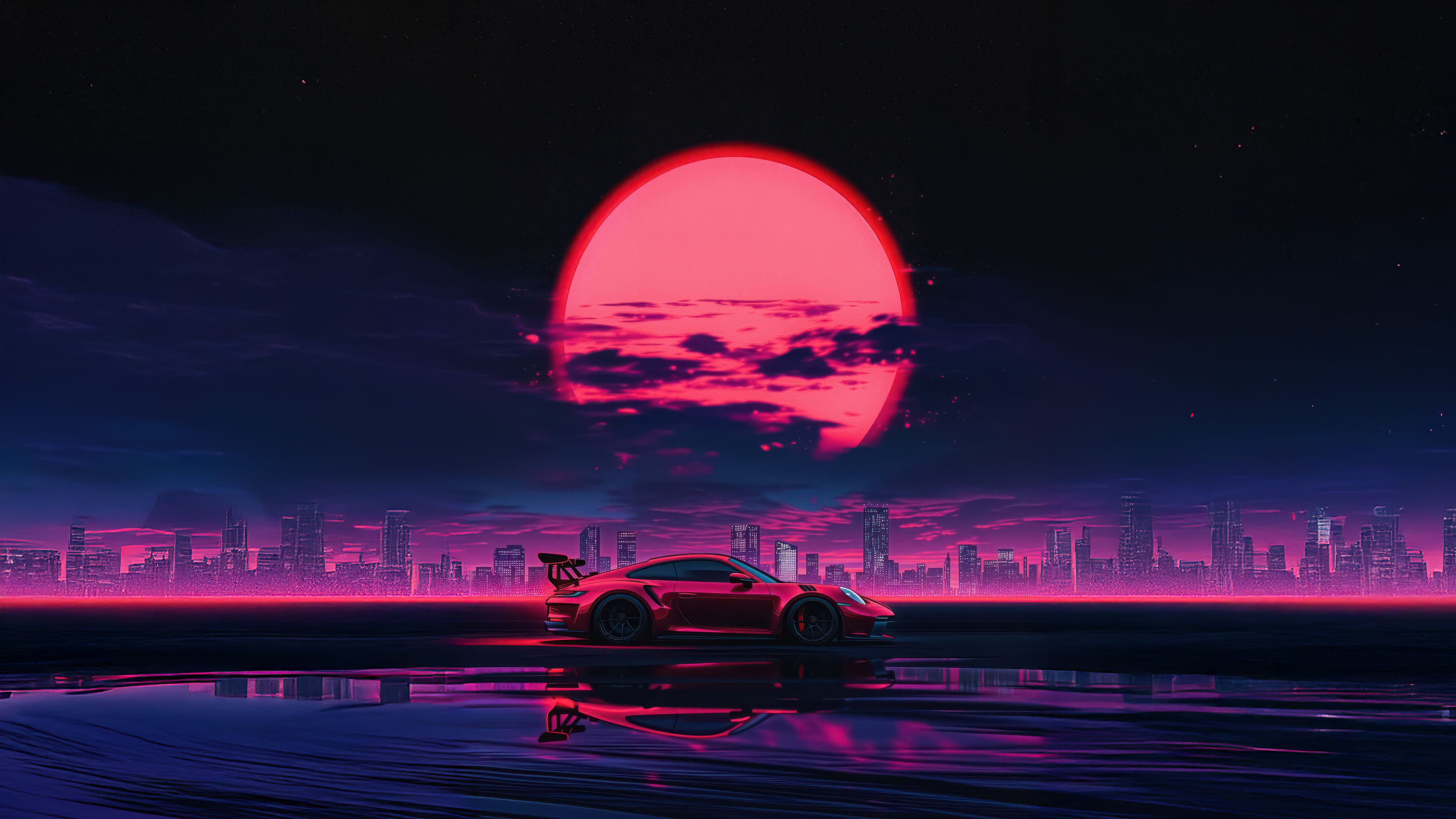 5120x2880 Red Porsche Gt3 In Retrowave Night Wallpaper, HD Artist Wallpaper, 4k Wallpaper, Image, Background, Photos and Picture