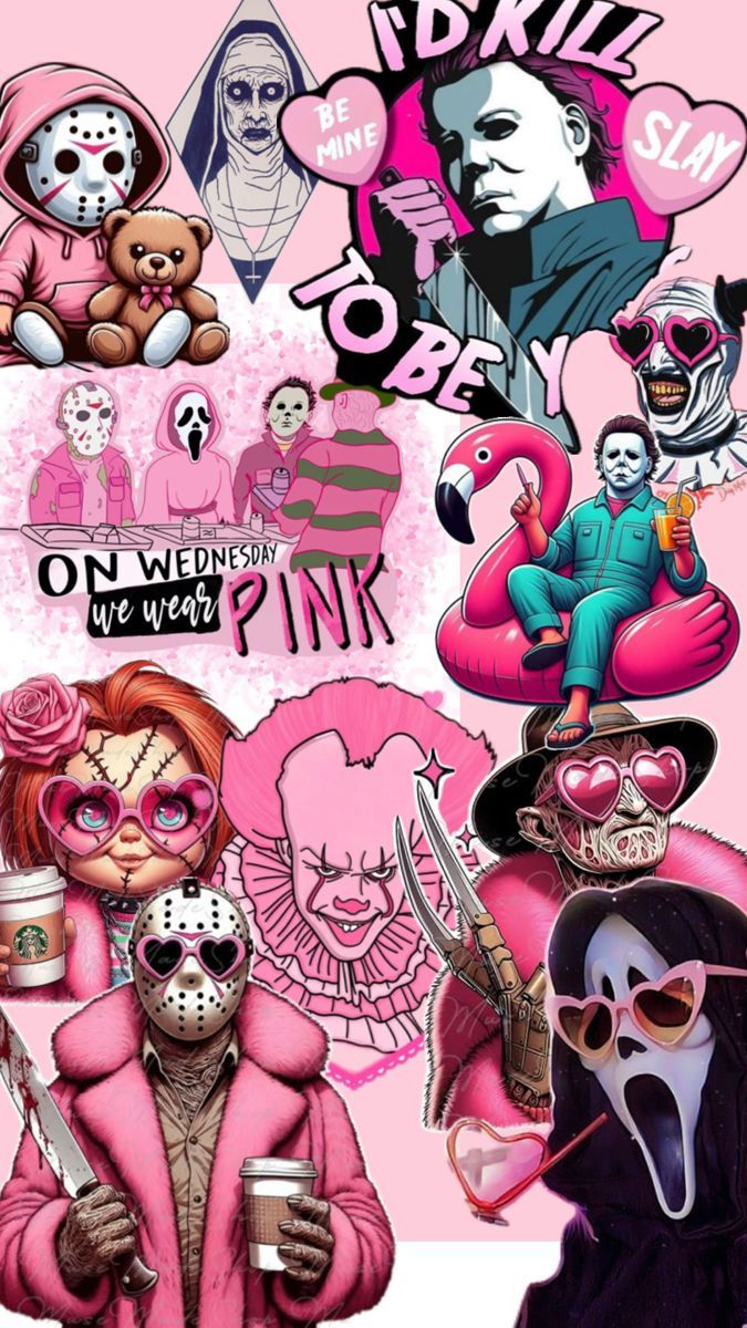 675x1200 Halloween wallpaper. Pink horror movie poster, Hallowen characters in pink, Halloween pink characters