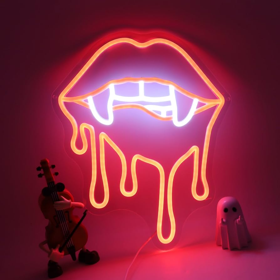 894x894 Vampire Fangs Neon Sign, Red Lips LED Light for Halloween Wall Decor, Horror Gothic Neon Sign for Bedroom, Bar, Vampire Theme Party Decorations