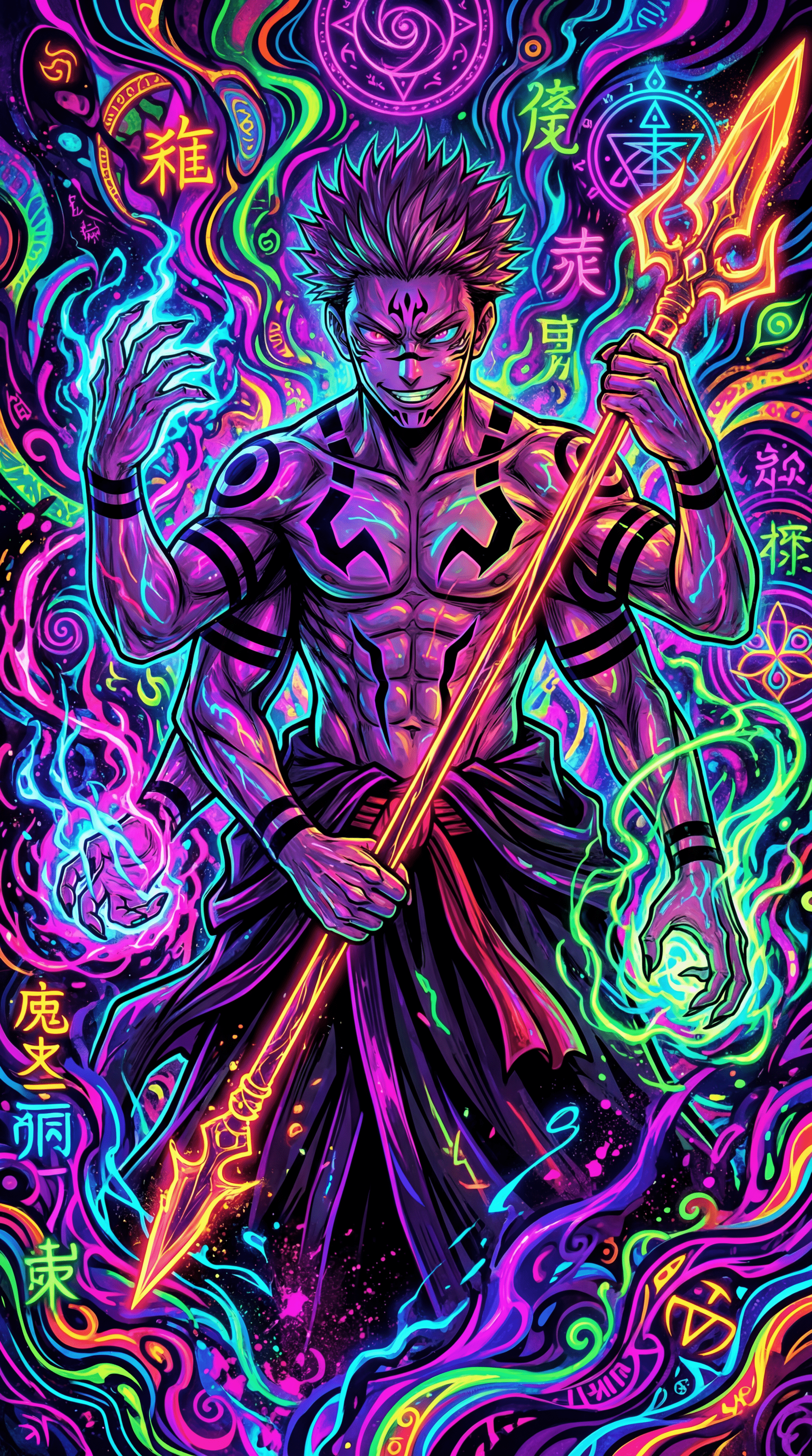 1920x3440 Neon Sukuna iPhone Wallpaper. Cursed King Sukuna Wallpaper. Sukuna: Radiant Spear Wallpaper