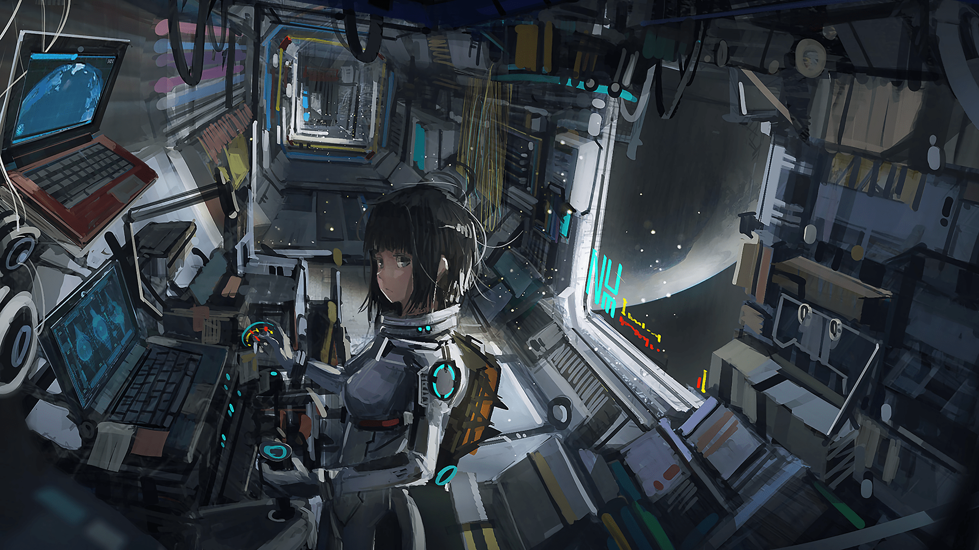 1920x1080 Anime Astronaut Space Station Wallpaper