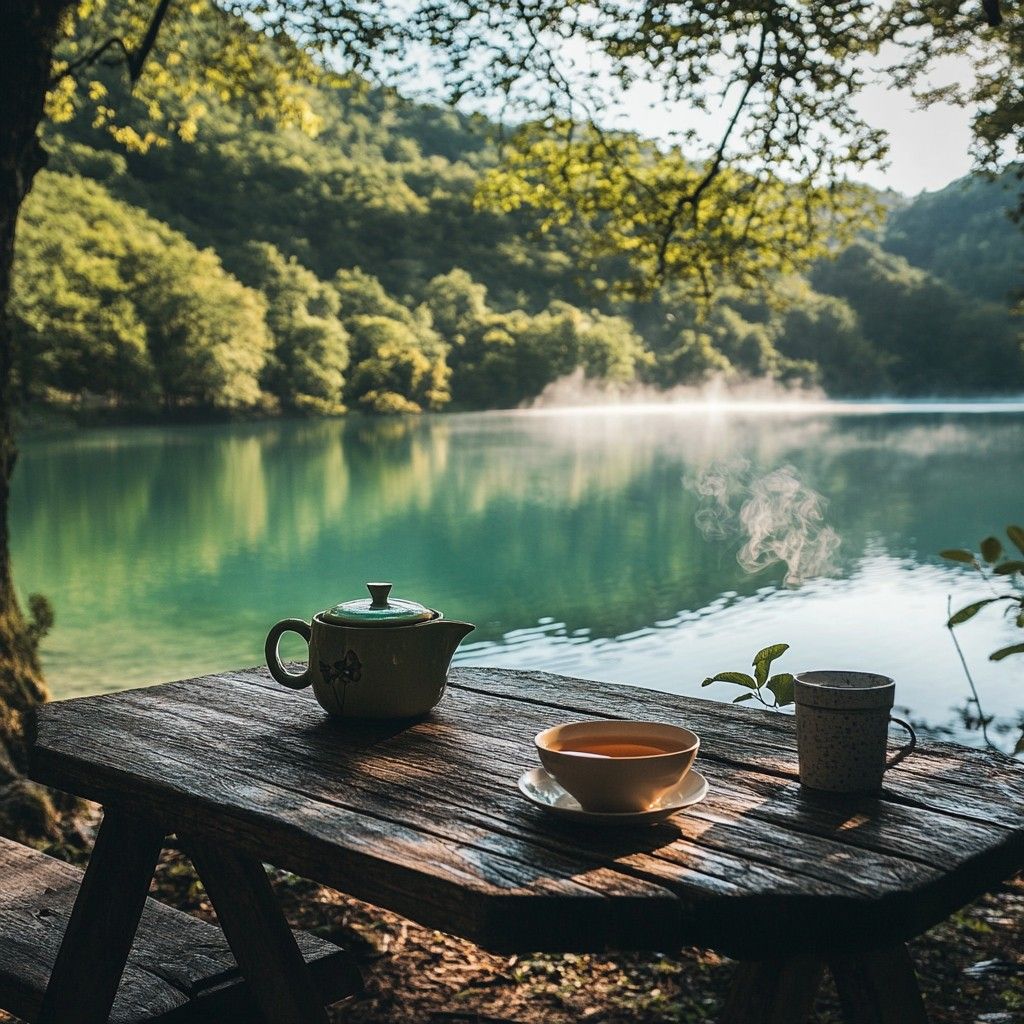 1024x1024 Download Tea by Lake Image, Lake, Morning