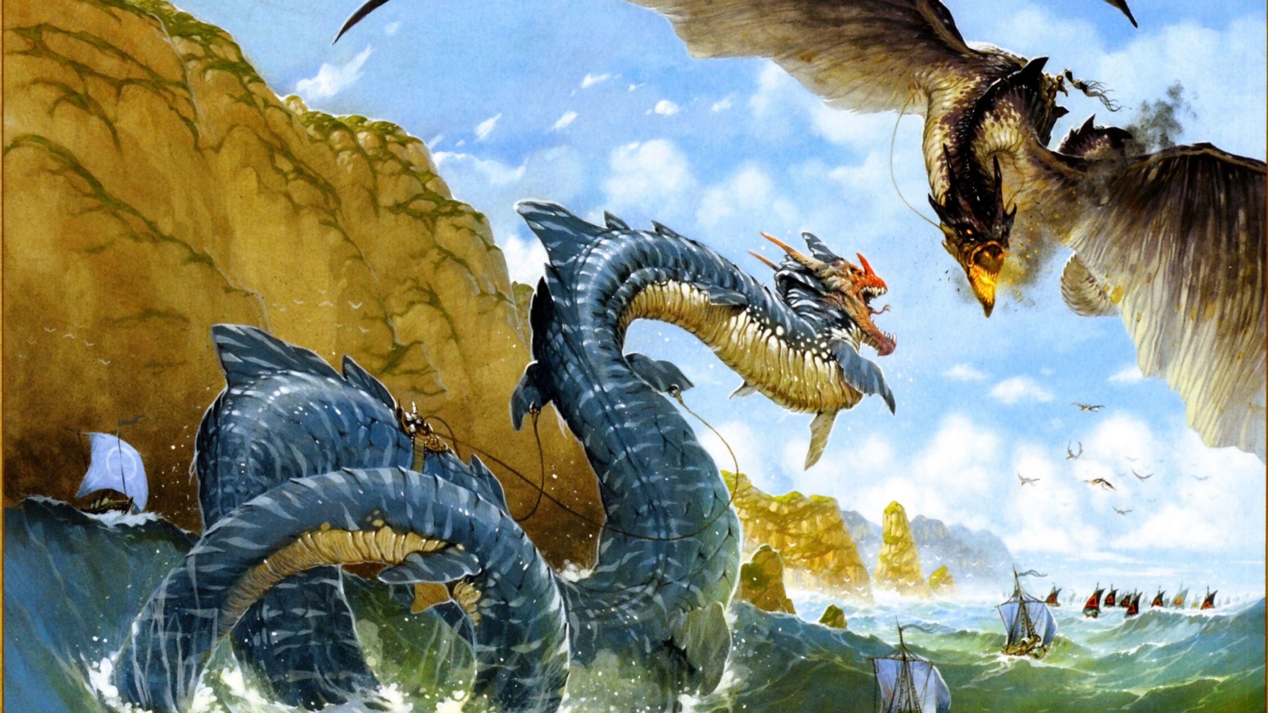 2560x1440 Fantasy Two Dragons Are Fighting On A Body Of Water HD Dreamy Wallpaper