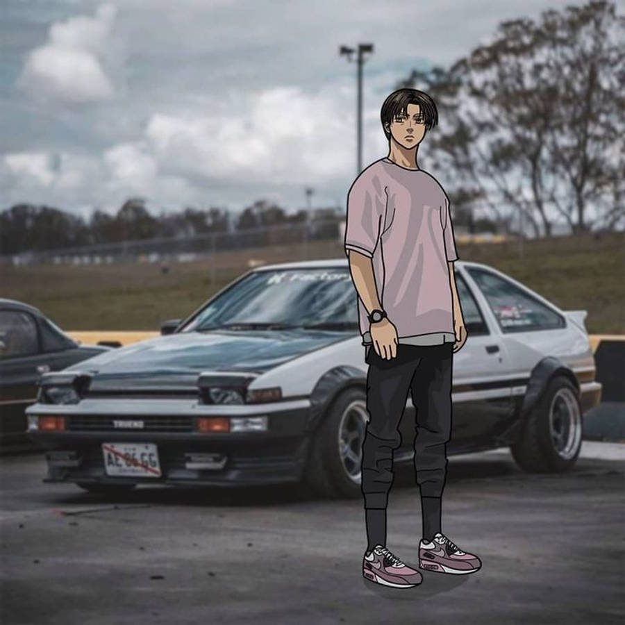 900x900 Download Takumi Fujiwara In Front Of A Car Anime Wallpaper