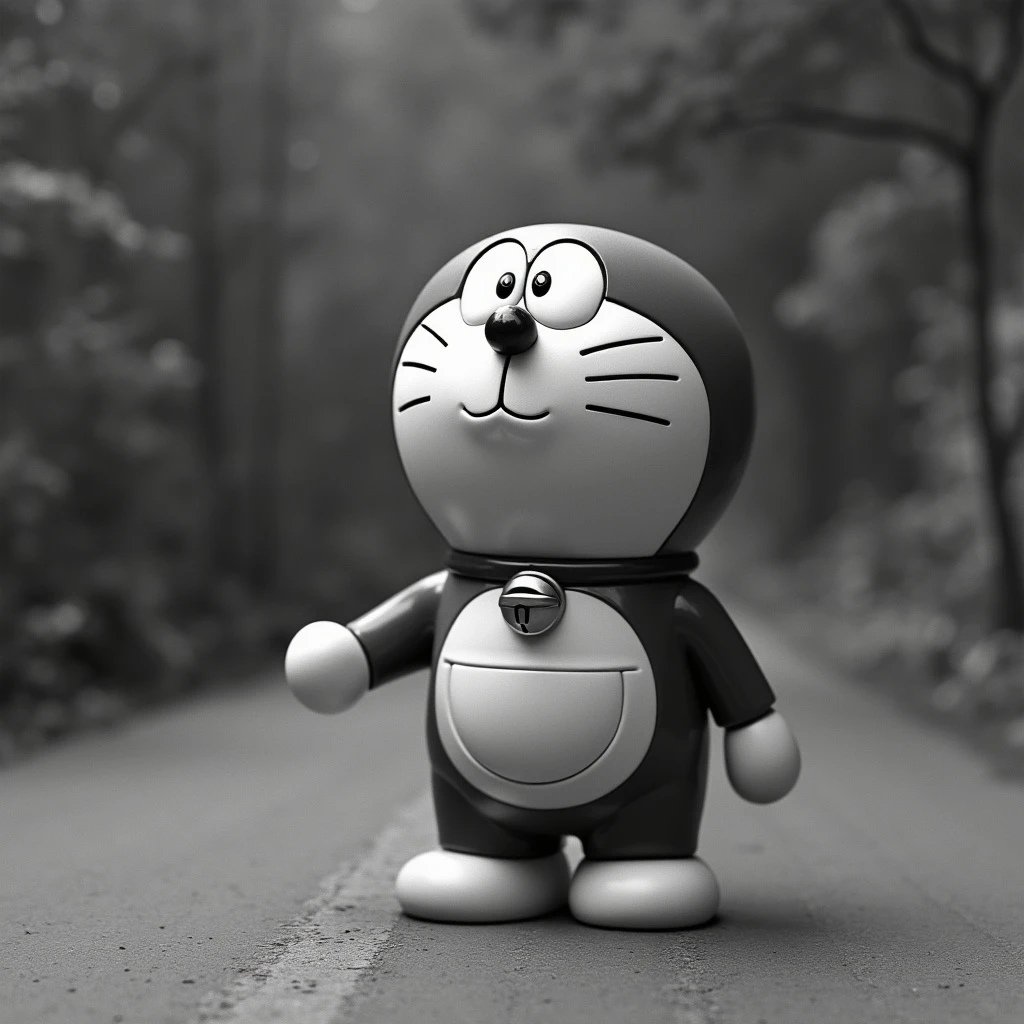 1024x1024 A black and white photo of a real life Doraemon