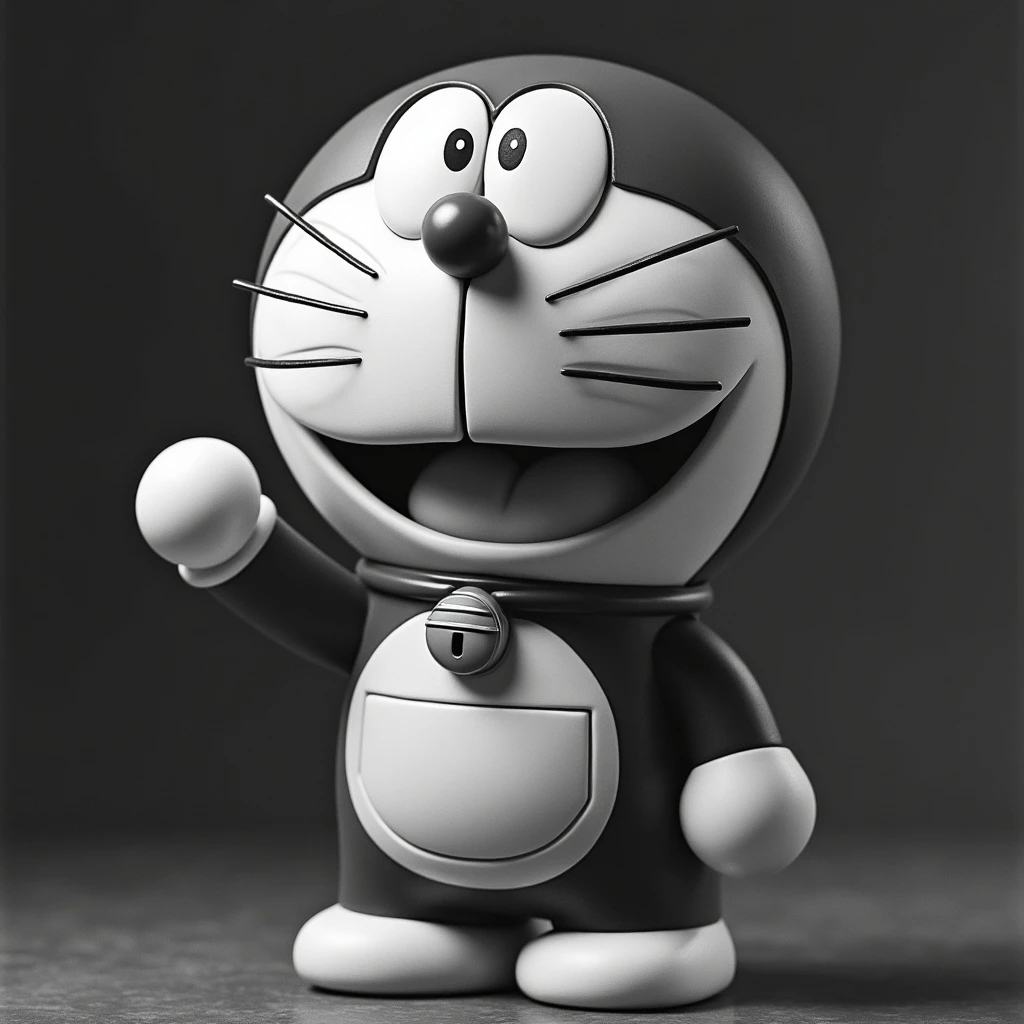 1024x1024 A black and white photo of a real life Doraemon