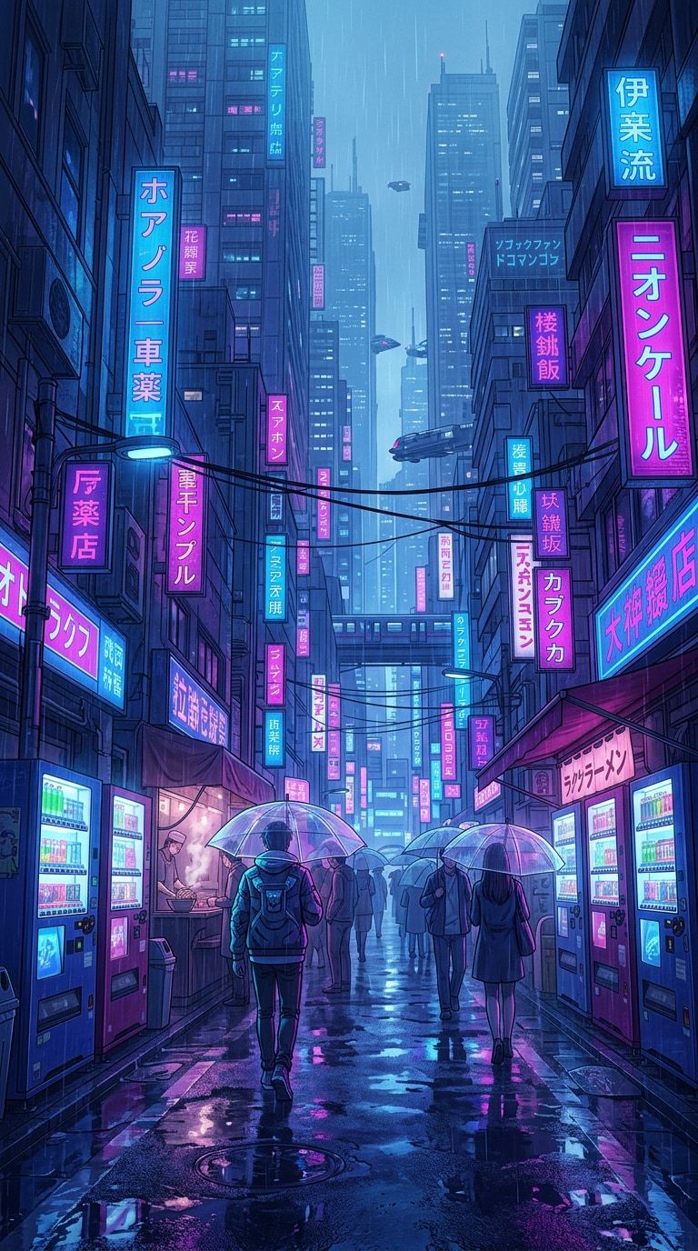 768x1376 Cyberpunk Anime Wallpaper Prompts. Neon Tokyo AI Art Ideas
