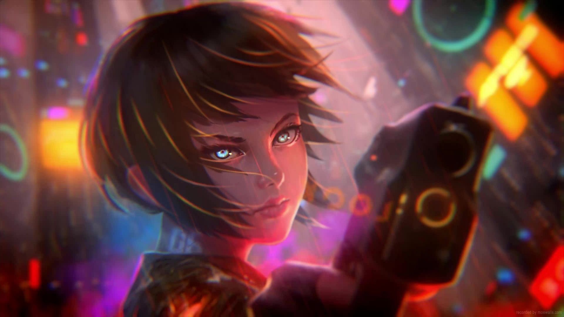 1920x1080 Cyberpunk Anime Girl Shooting Live Wallpaper