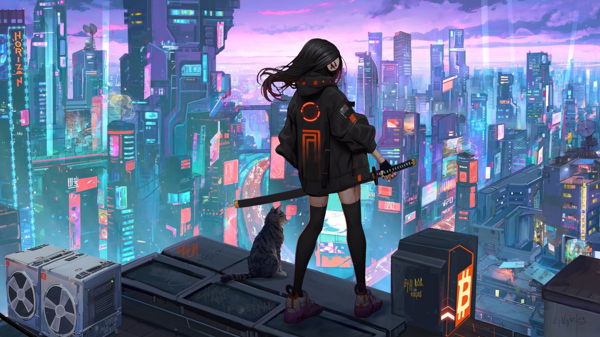 1920x1080 Futuristic Skyline with a Cyberpunk Anime Girl Sentinel