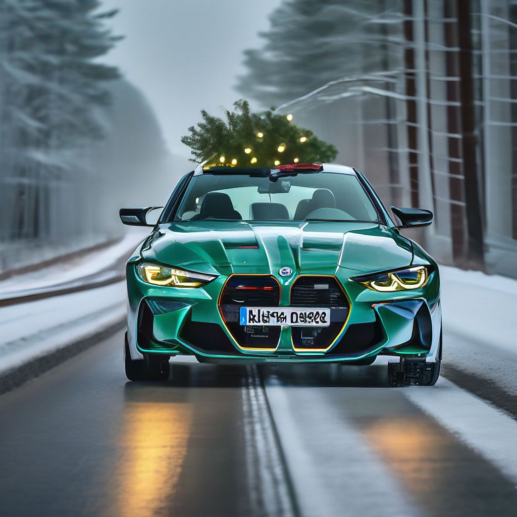 1024x1024 BMW M4 with a Christmas tree on the roof, on a winter highway, aesthetically pleasing, beautiful, realistic