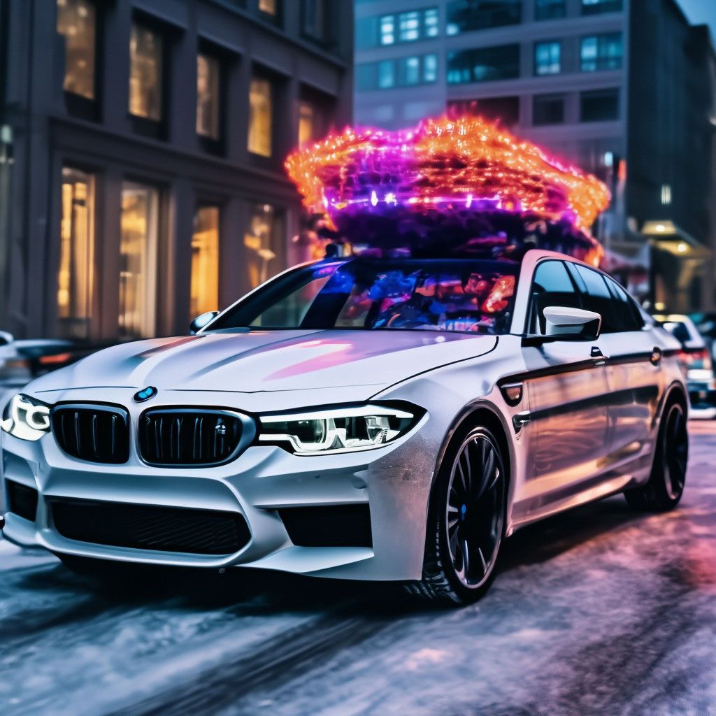 1024x1024 BMW M5 Rooftop Christmas tree with colorful garlands night snow, neon