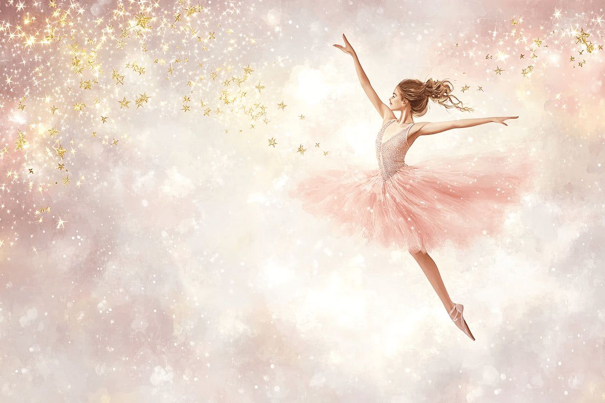 1214x809 Ballet Mural Wallpaper. Dreamy Pink and Gold Stars Dance