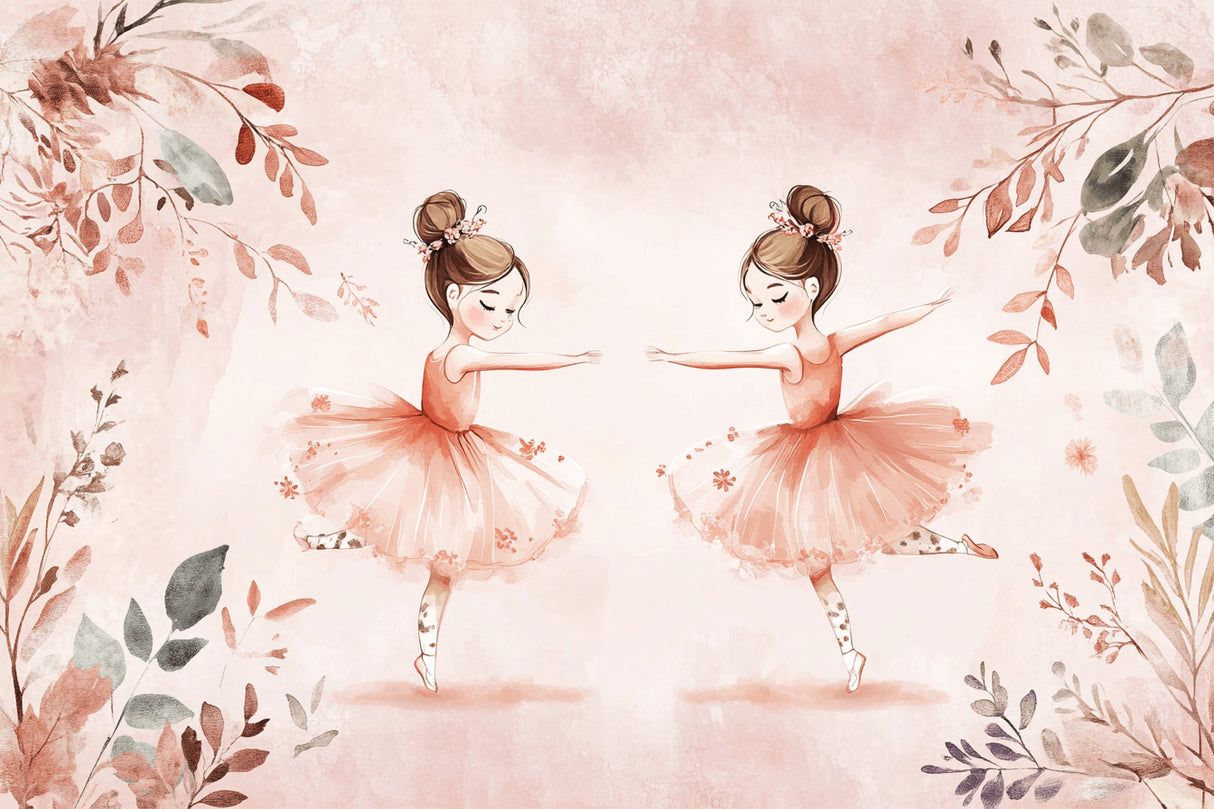 1214x809 Ballet Mural Wallpaper. Dancing Ballerinas in Pink Watercolor