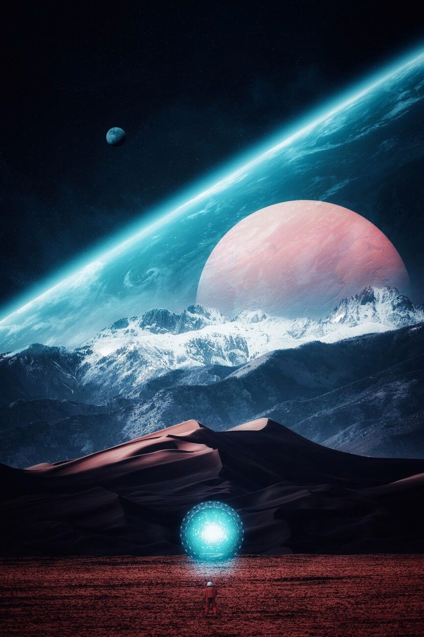 865x1300 Poster Astronaut on an unknown planet through a stargate