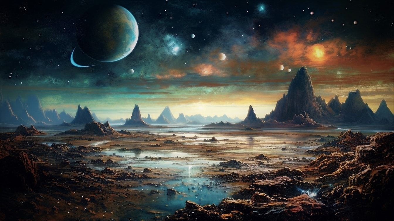 1344x753 Free picture: Surreal night time scenic of majestic unknown planet with nebula