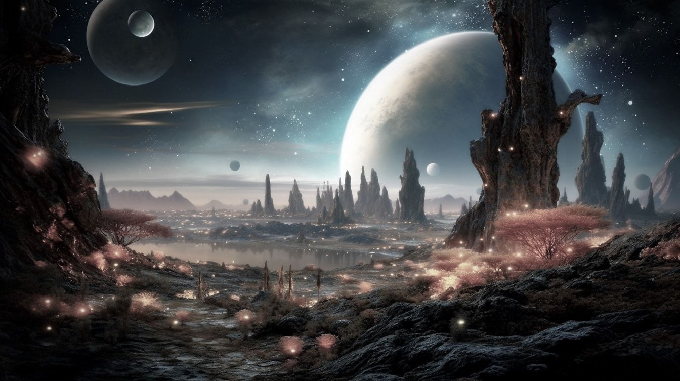 1344x753 Free picture: Photomontage of fantasy moonscape on unknown planet