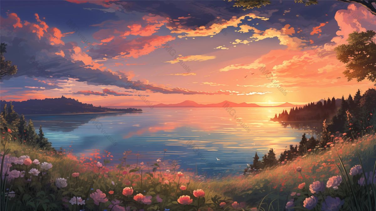 1200x673 Sunset over calm lake with vibrant clouds ai generated 2D cartoon illu