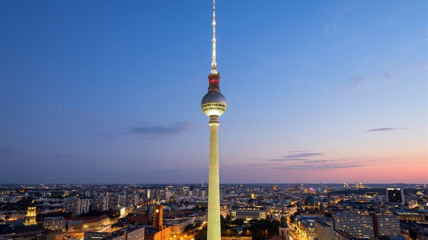 1366x768 Berlin Tower Landmark Sunset Panorama Germany 5K