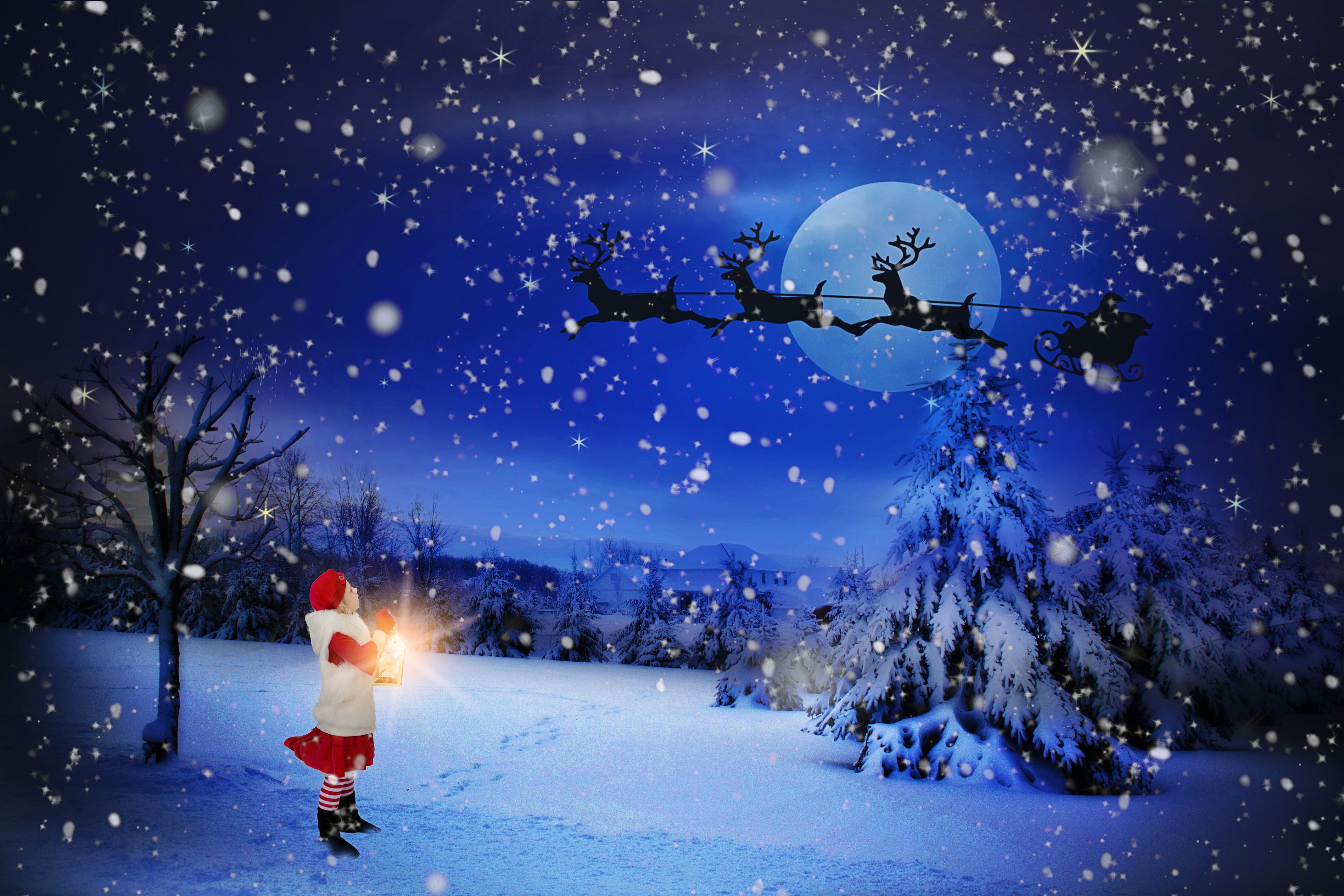 4272x2848 Desktop wallpaper: Holiday, Christmas, Child, Moon, Night, Reindeer, Santa, Sled, Snow, Tree, Winter 4K free download for PC. 920957