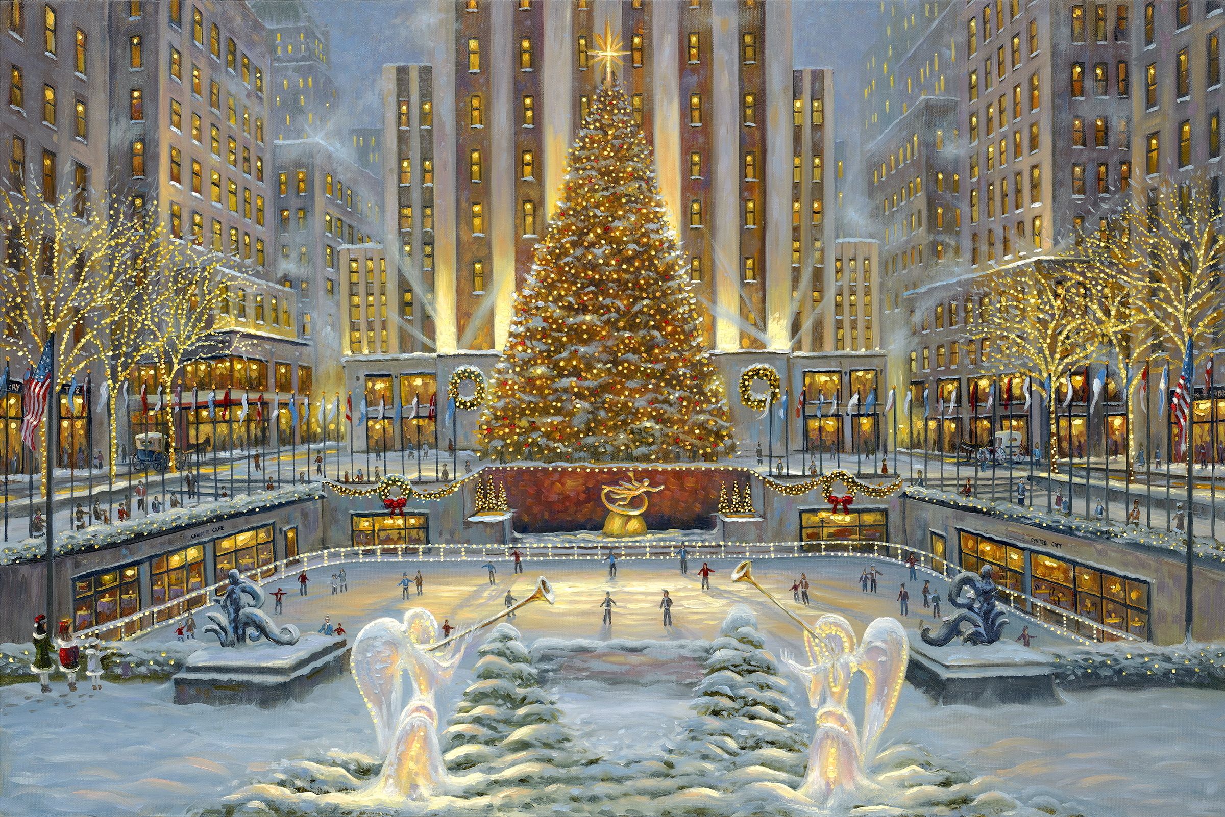 2400x1602 Desktop wallpaper: Christmas, Painting, Artistic, Christmas Tree, Holiday, Light, Rockefeller Center, Skating Rink 4K free download for PC. 783907