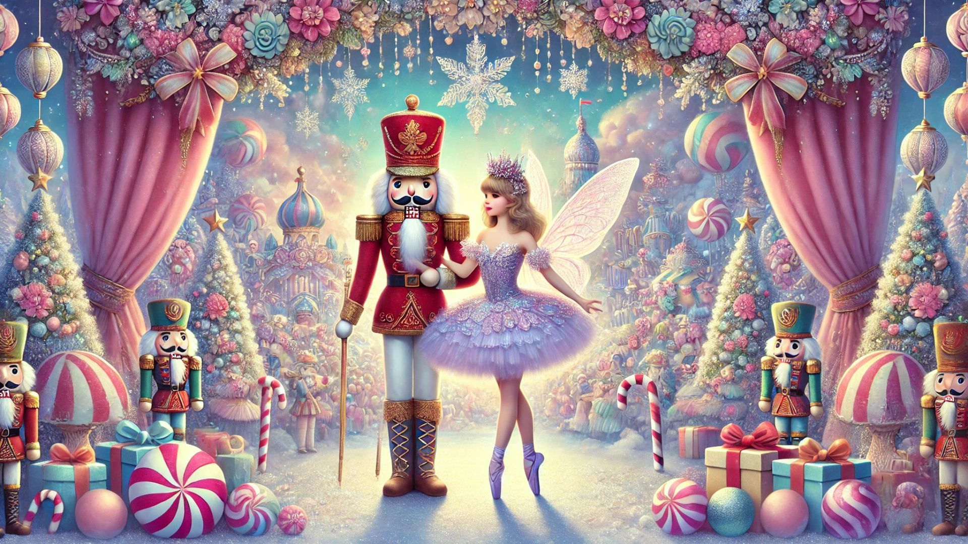 1920x1080 whimsical and enchanting horizontal wallpaper depicting the Nutcracker, the Sugar Plum Fairy, and vibrant ballet scenery HD christmas Wallpaper