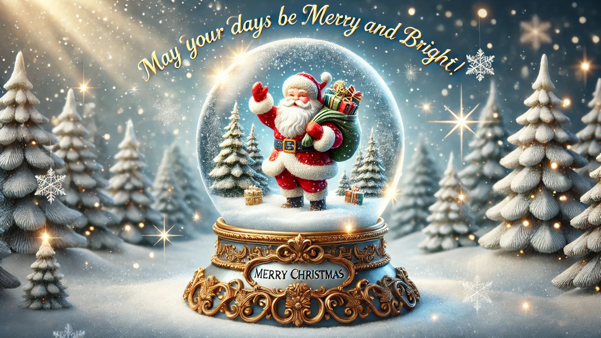 1920x1080 festive horizontal wallpaper featuring a detailed snow globe with Santa Claus inside. Santa is depicted holding a sack of presents and waving HD christmas Wallpaper