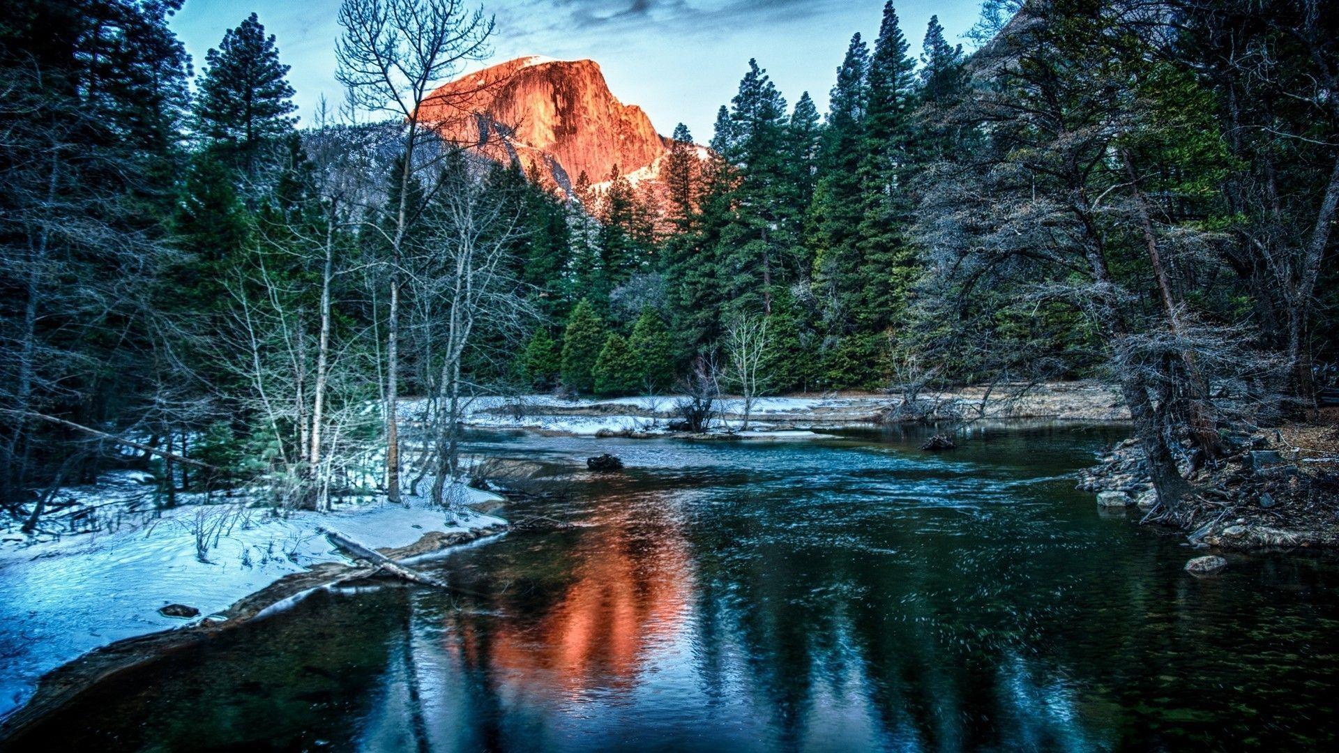 1920x1080 nature river mountain forest trees landscape snow winter pine trees reflection water wallpaper and background. Landscape trees, Sunrise lake, Winter wallpaper