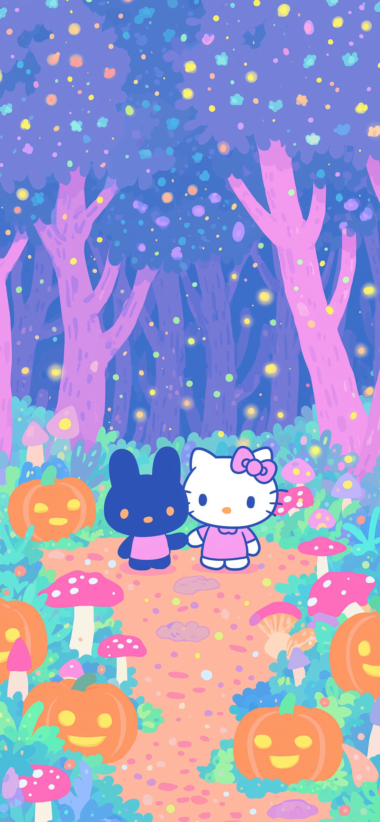 1326x2868 Hello Kitty Spooky Forest Pumpkins Wallpaper