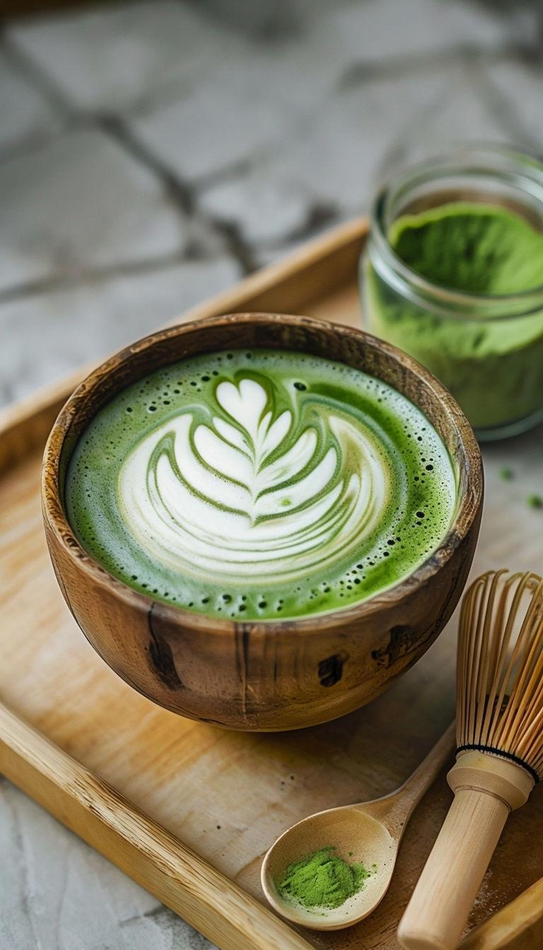 768x1344 Elegant Matcha Latte with Rustic Bowl Photography Mobile Wallpaper
