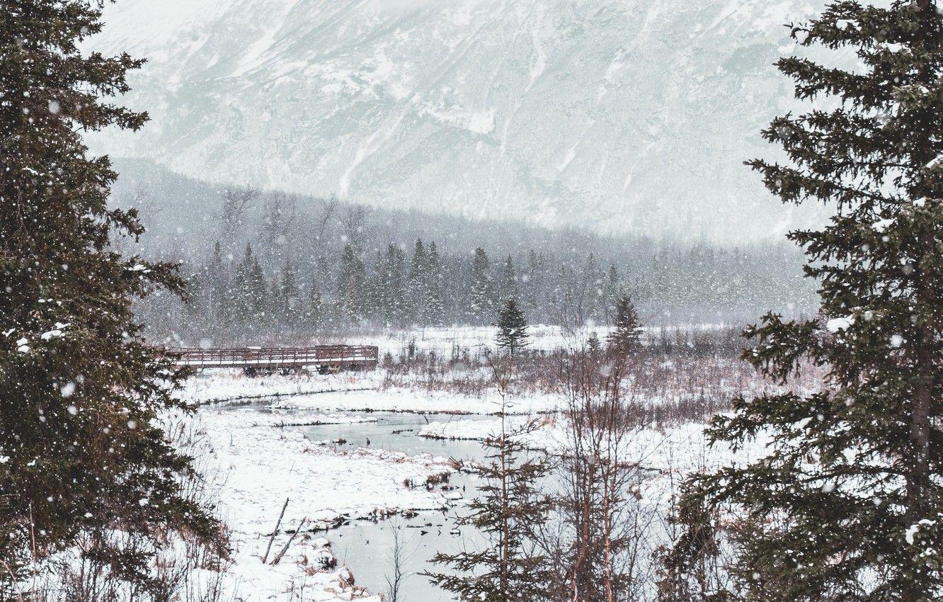 1332x850 Wallpaper forest, river, art, winter, mountains, snow, painting, artwork, 4k ultra HD background image for desktop, section арт